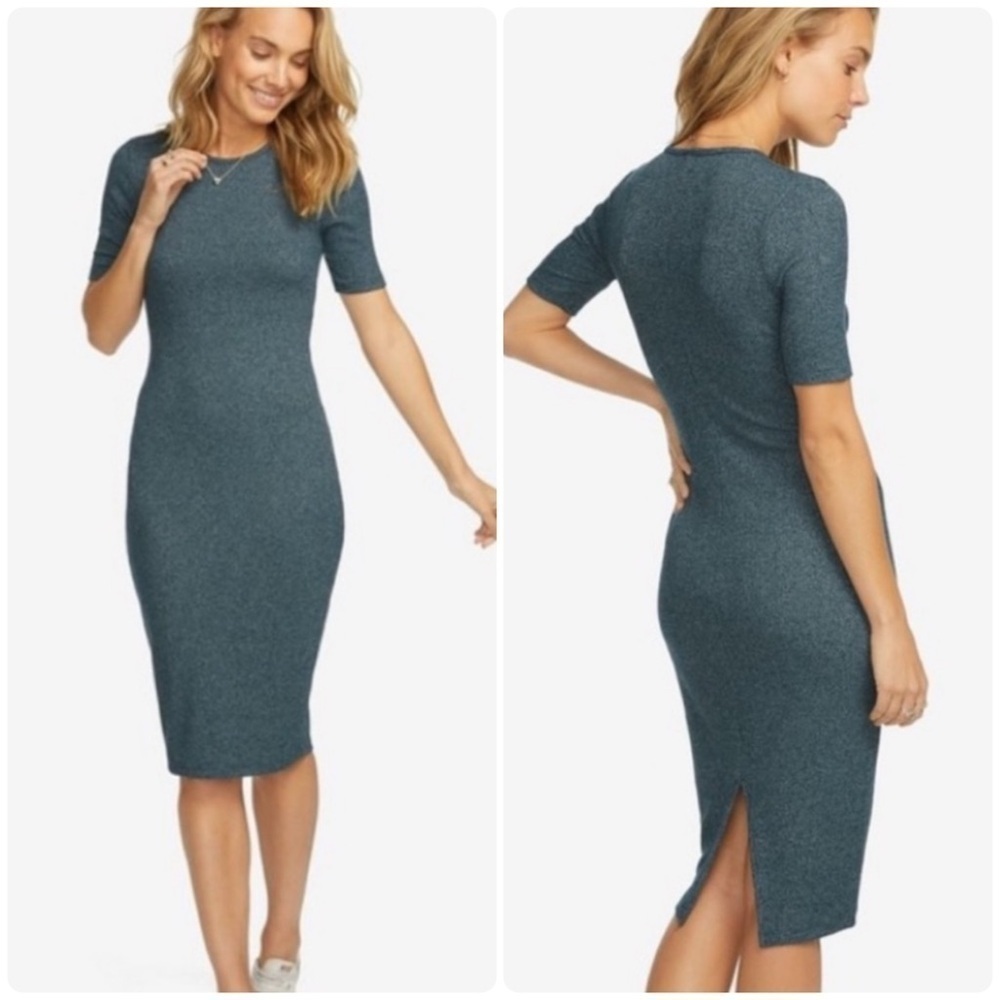 American Giant Short Sleeve Bodycon Ribbed Knit Midi Dress in Dark Teal Sz S